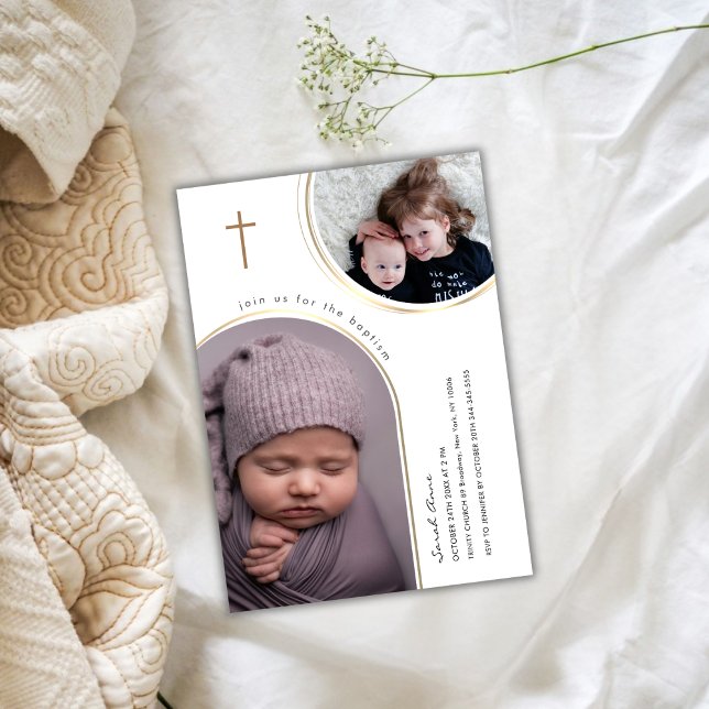 Convite Batismo multifográfico Dourado Elegante Arch Cross (Gold Elegant Arch Cross Multi Photo Baptism Invitation)