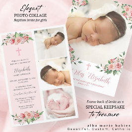 Convite Batismo Multifoto Floral Rosa para Meninas