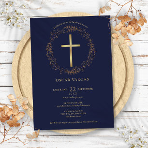 Convite Batismo Naval Azul Dourado Cruz Floral