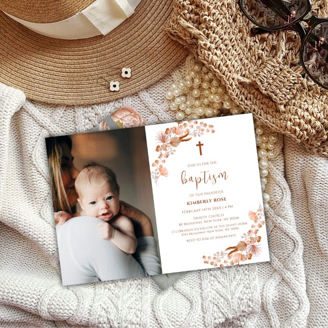 Convite Batismo Neutral Boho Wildflower (Neutral Boho Wildflower Photo Cross Baptism Invitation)