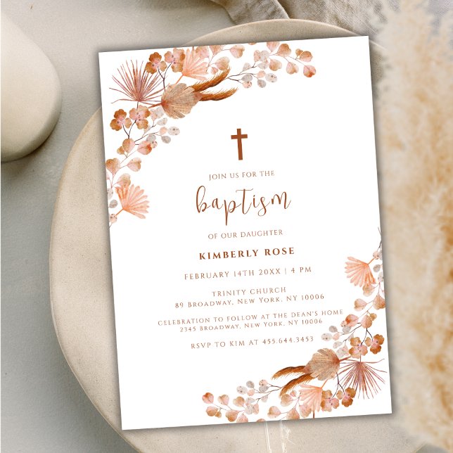 Convite Batismo neutro de flores silvestres (Neutral Little Wildflower Boho Cross Baptism Invitation)