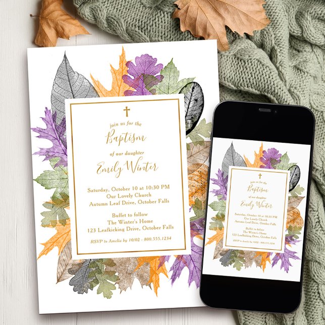 Convite Batismo Neutro De Folhagem Dourada De Queda Delica (Fall Baptism Invitation with delicate autumn leaves to order printed or as a printable download)