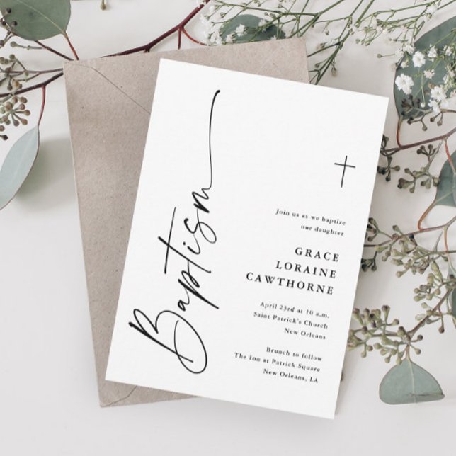 Convite Batismo Neutro de Gênero Negro e Branco Moderno (Modern Elegant Black and White Script Gender Neutral Baptism Invitations.)