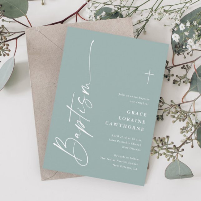 Convite Batismo Neutro do Gênero Verde do Script Moderno (Modern Elegant Script Sage Green Gender Neutral Baptism Invitations.)