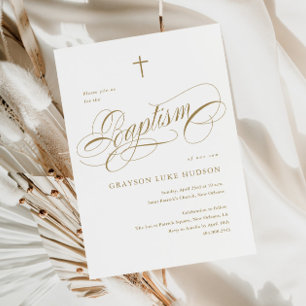 Convite Batismo Neutro Dourado por Caligrafia Elegante