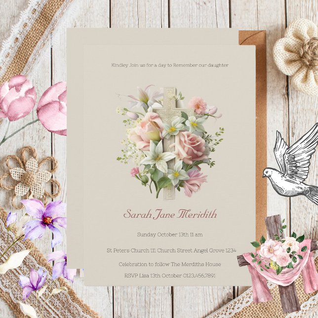 Convite Batismo Neutro Floral (Neutral Floral Cross Baptism Invitation )