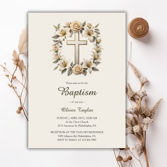 Convite Batismo Neutro Por Sexo Cruzado Elegante (Classic Gender Neutral Baptism Invitation with Modern Floral Cross Design)