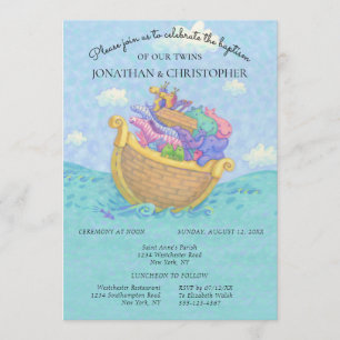 Convite Batismo Noah's Ark Gêmeos Bebês Azul