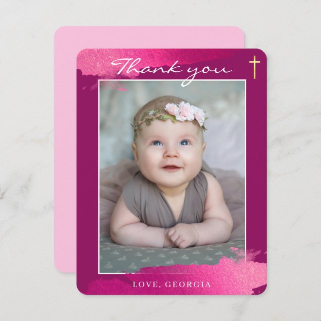 Convite BATISMO OBRIGADO cruz de folha dourada rosa escuro (Frente/Verso)