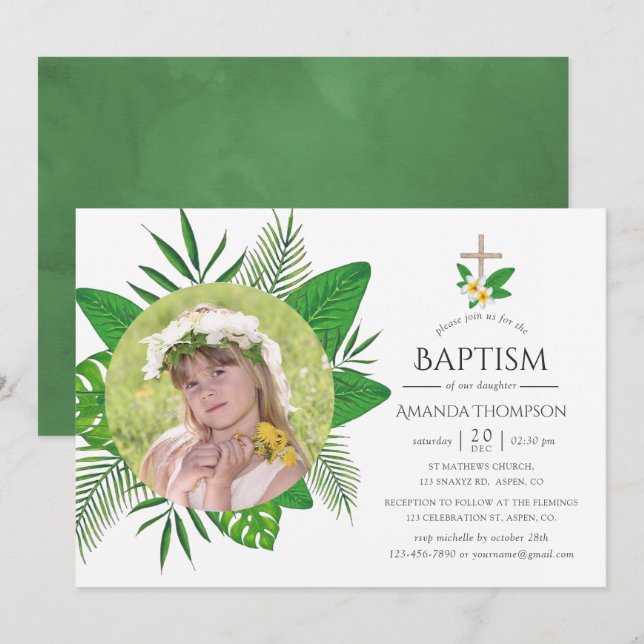 Convite Batismo ou Batizado de Folhas Tropicais (Frente/Verso)