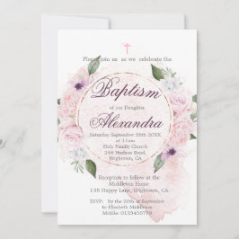 Convite Batismo ou Christening Floral Rosa Wreath