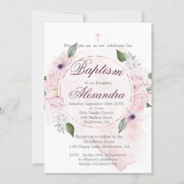 Convite Batismo ou Christening Floral Rosa Wreath