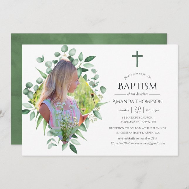 Convite Batismo ou Christening na Floresta de Aquarelas (Frente/Verso)