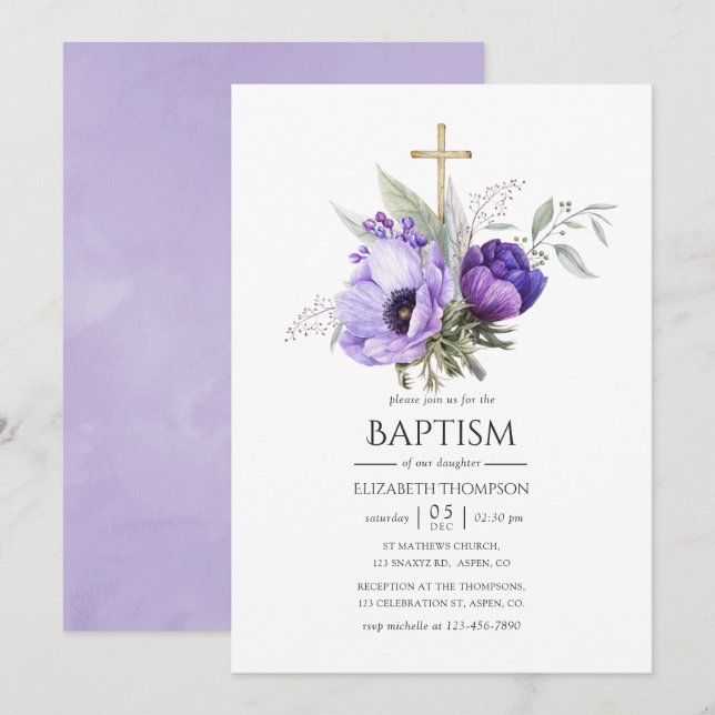 Convite Batismo ou Crisma com tema Floral Lilás (Frente/Verso)
