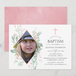 Convite Batismo ou Crisma com Vegetação e Rosa Pastel
