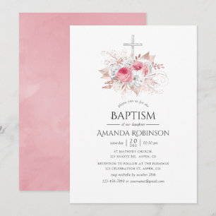 Convite Batismo ou Crisma Floral Rosa e Dourado Rosa