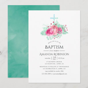 Convite Batismo ou Crisma Floral Rosa e Verde-Menta