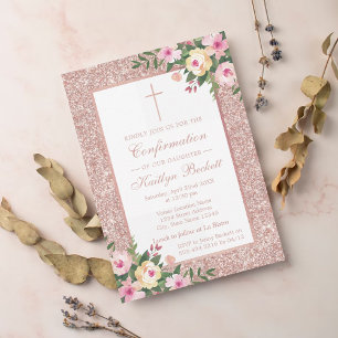 Convite Batismo Ou Cristação Floral De Rosa Dourado