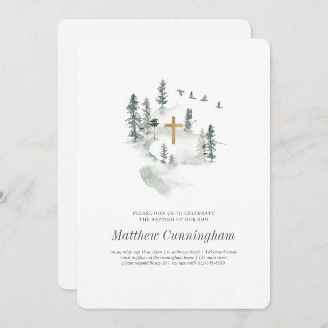 Convite Batismo Para Ele | Foto Botânica Elegante Moderna (Frente/Verso)