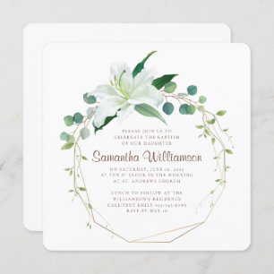 Convite Batismo para seu Floral Branco Geométrico e Modern