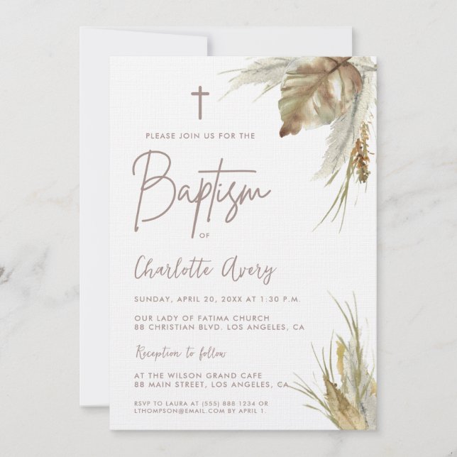 Convite Batismo personalizado do Boho Pampas Grass (Frente)