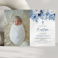 Batismo Personalizado Floral Azul Elegante