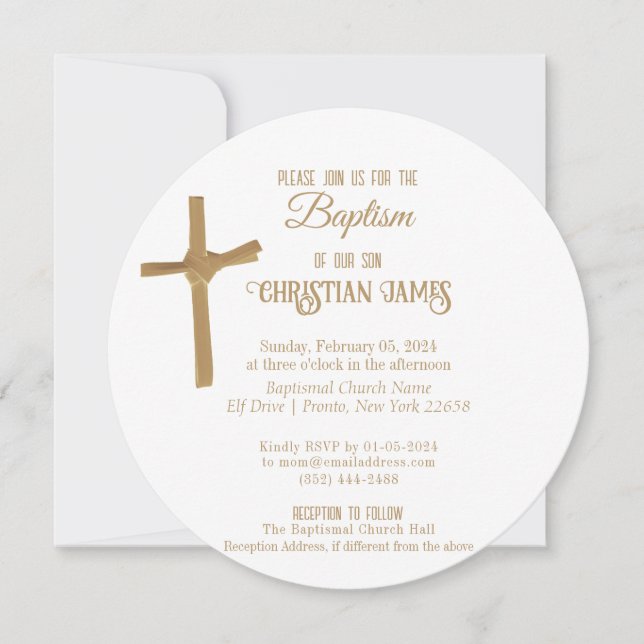Convite Batismo Personalizado Pela Cruz de Palma Dourada (Frente)