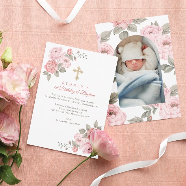 Convite Batismo primeiro aniversario do Bebê Dourado da Cr (Pink Peony Gold Cross Baby's 1st Birthday Baptism Invitation)