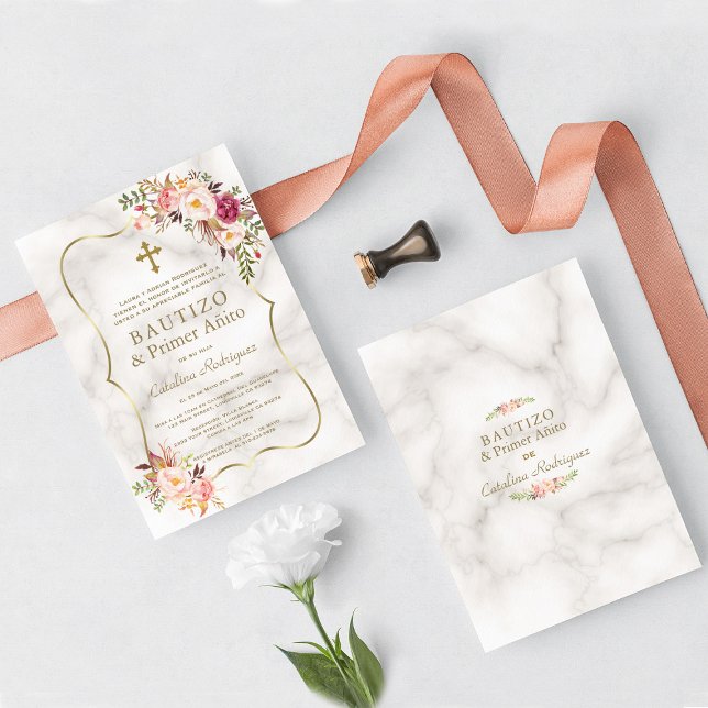 Convite Batismo primeiro aniversario Espanhol de Mármore F (trendy elegant floral bautizo primer añito Spanish baptism invitation)