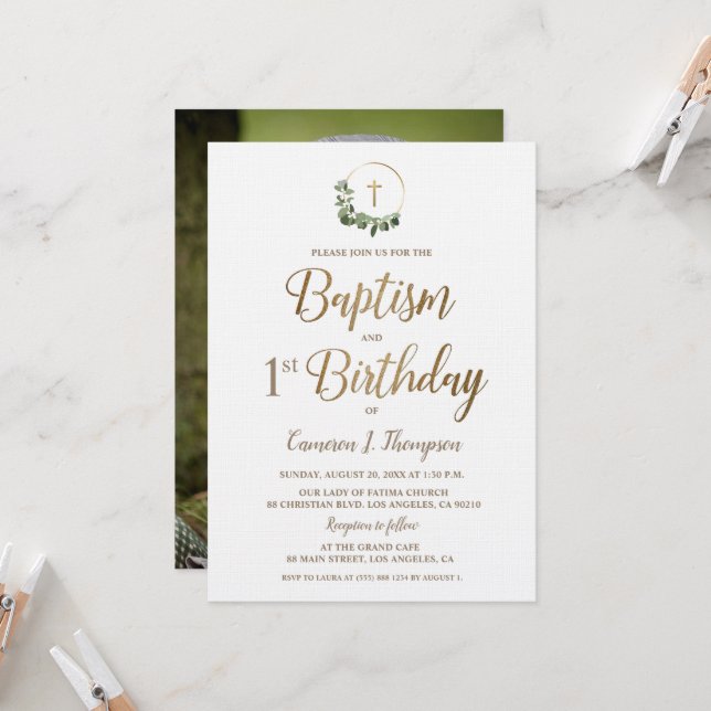 Convite Batismo Primeiro Aniversário Foto Dourada Cruz (Frente/Verso In Situ)