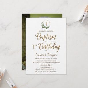 Convite Batismo Primeiro Aniversário Foto Dourada Cruz