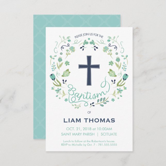 Convite Batismo - Rapaz - Personalizar - com Cruz (Frente/Verso)