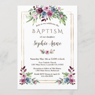 Convite Batismo Real Borgonha Azul Flores