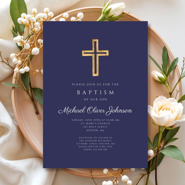 Convite Batismo religioso azul-Marinho elegante (Elegant Navy Blue Religious Cross Boy Baptism Invitation)