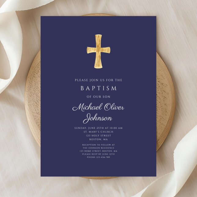 Convite Batismo religioso azul-Marinho moderno (Modern Navy Blue Religious Cross Boy Baptism Invitation)