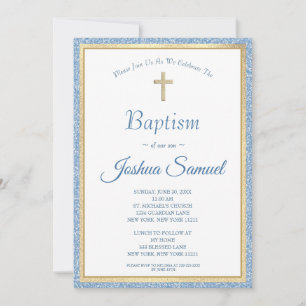 Convite Batismo religioso Blue Glitter Dourado Cross Boy