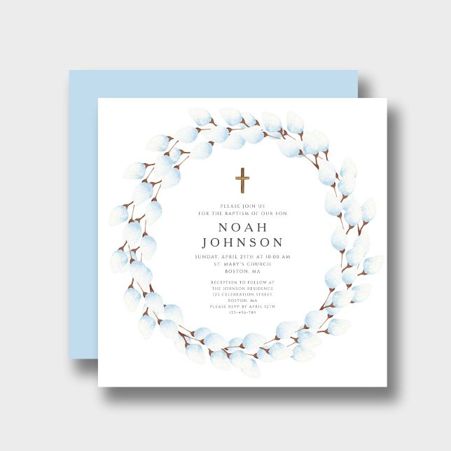 Convite Batismo religioso Botânico Azul Elegante (Elegant Blue Botanical Religious Boy Baptism Invitation)