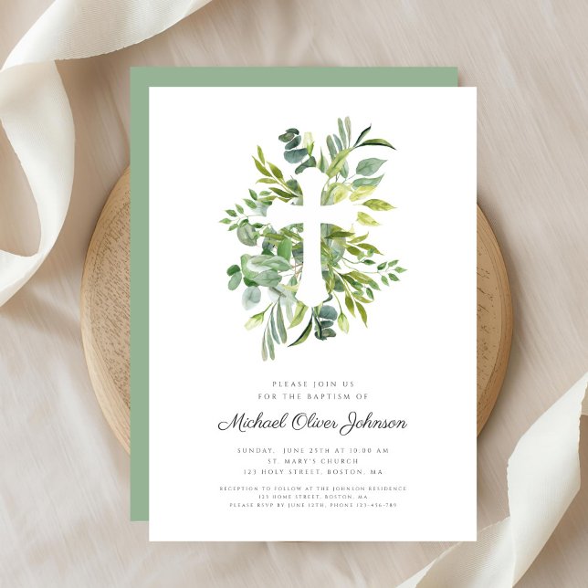 Convite Batismo religioso Botânico Moderno (Modern Botanical Religious Cross Baptism Invitation)