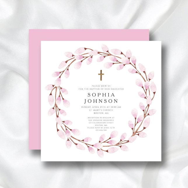 Convite Batismo religioso cor-de-rosa elegante (Elegant Pink Religious Cross Baptism Invitation)
