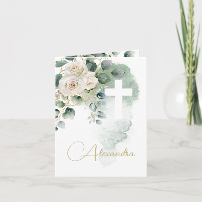 Convite Batismo Religioso Criando Cruz de Rosas Fotográfic (Frente)