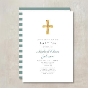 Convite Batismo Religioso Cruz Verde Moderna Menino