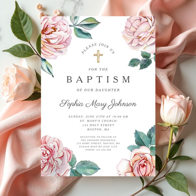 Convite Batismo Religioso Cruzado Dourado por Pessoas Flor (Floral Peonies Gold Cross Religious Baptism Invitation)
