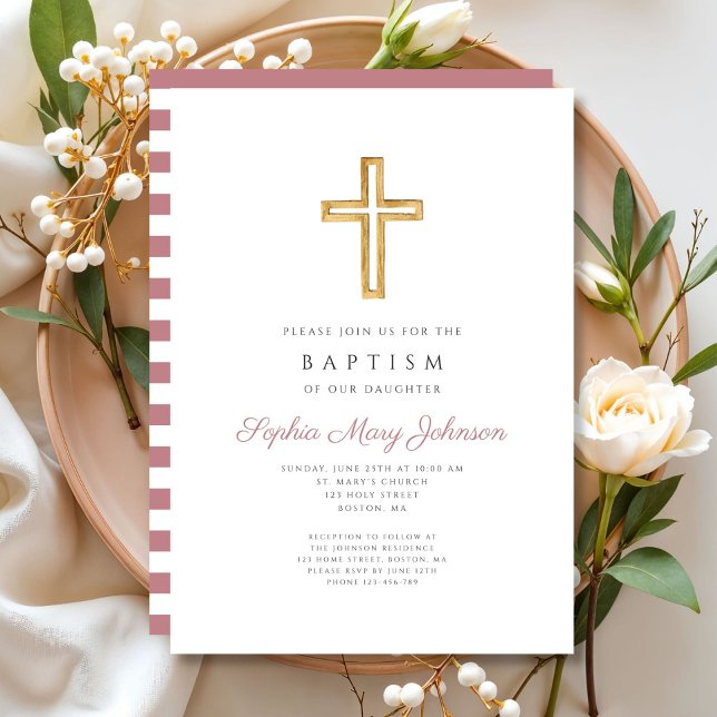 Convite Batismo religioso Cruzado Rosa Gira-Rosa (Religious Cross Dusty Pink Stripes Girl Baptism Invitation)