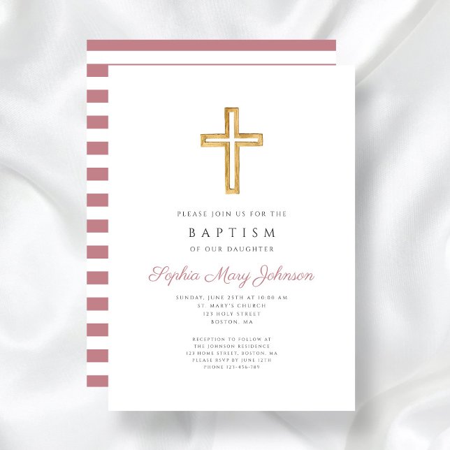 Convite Batismo religioso Cruzado Rosa Gira-Rosa (Religious Cross Dusty Pink Stripes Girl Baptism Invitation)