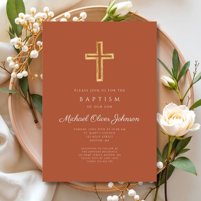 Convite Batismo religioso Cruzado Terracotta (Religious Cross Terracotta Script Boy Baptism Invitation)