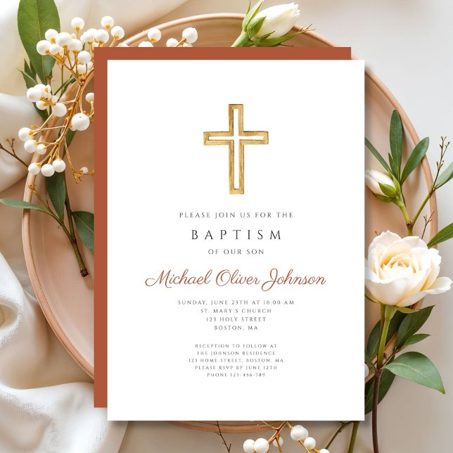 Convite Batismo religioso Cruzado Terracotta (Religious Cross Terracotta Script Baptism Invitation)