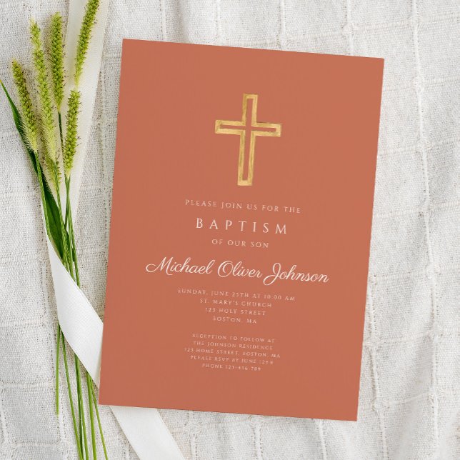 Convite Batismo religioso Cruzado Terracotta (Religious Cross Terracotta Script Boy Baptism Invitation)