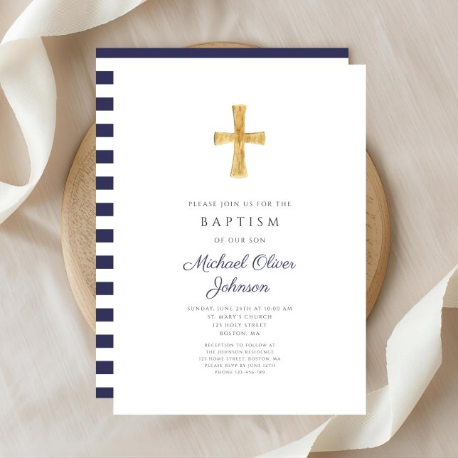 Convite Batismo religioso da Cruz Azul Marinho Elegante (Elegant Navy Blue Cross Religious Boy Baptism Invitation)