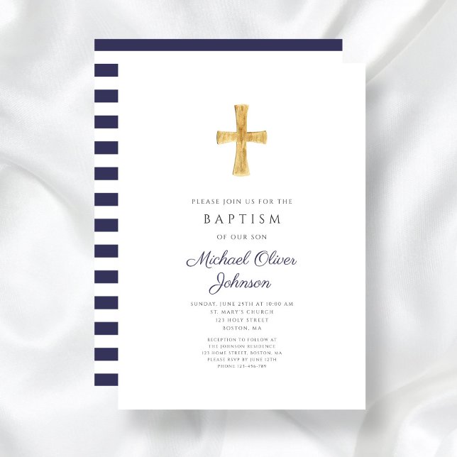 Convite Batismo religioso da Cruz Azul Marinho Elegante (Elegant Navy Blue Cross Religious Boy Baptism Invitation)