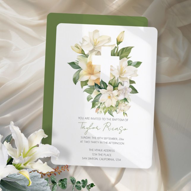 Convite Batismo religioso da Cruz Cristã Lily Foliage (Religious Christian Cross Lily Foliage Baptism Invitation by Ricaso Elegant christening announcement)